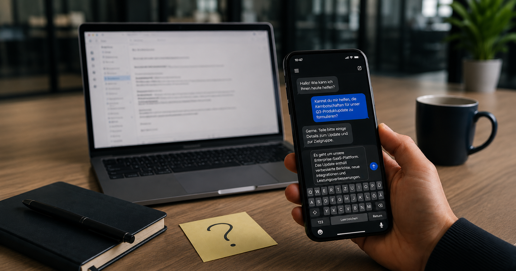 Schatten-KI: Hand mit Smartphone und KI-Chat vor einem Laptop am Arbeitsplatz