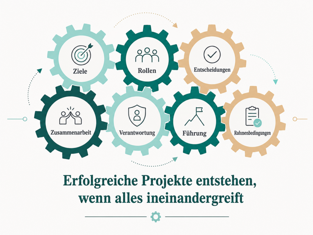 Ineinandergreifende Zahnräder zeigen, wie Ziele, Rollen, Entscheidungen, Zusammenarbeit, Verantwortung, Führung und Rahmenbedingungen erfolgreiche Projekte ermöglichen.