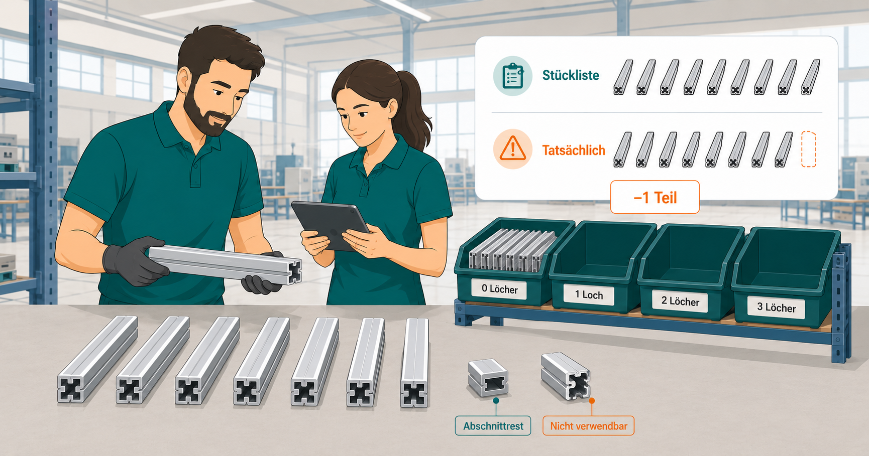Zwei Mitarbeitende vergleichen Stückliste und tatsächliche Materialausbeute von Aluminiumprofilen im Materialfluss.